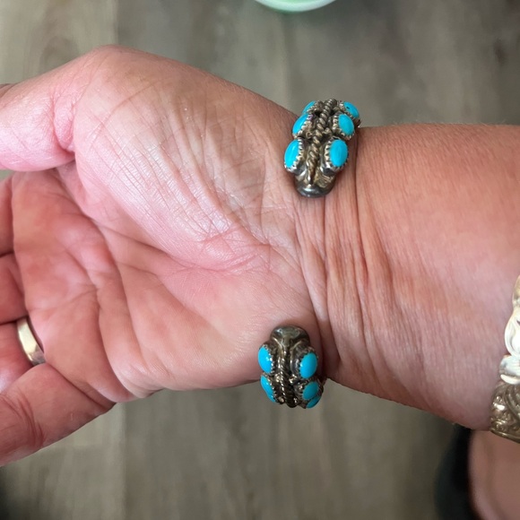 Native American sleeping beauty turquoise double row sterling cuff bracelet - Picture 2 of 7